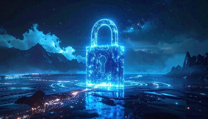 Glowing Blue Padlock Digital Abstract Galaxy Sphere in Night Sky with Mountains