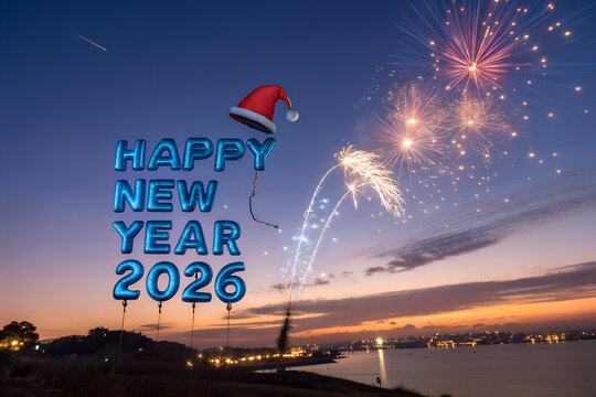 Happy New Year 2026 celebration with glowing blue text, Santa hat, fireworks, and coastal cityscape at dusk — perfect for holiday campaigns and event visuals.  generative ai
