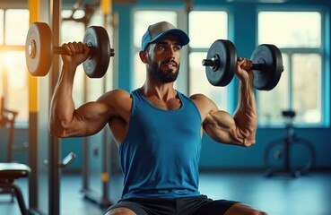 Athletic man lifts dumbbells in gym. Muscular bodybuilder exercising with heavy weight. Guy train biceps and shoulder muscles. Strong male lifts weight. Sport concept. Fitness lifestyle.