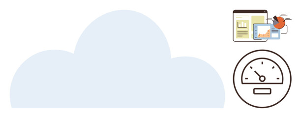 Cloud with connected analytics tools, charts, and speedometer gauge. Ideal for technology, data analysis, cloud services, management, performance tracking innovation IT. Simple flat metaphor