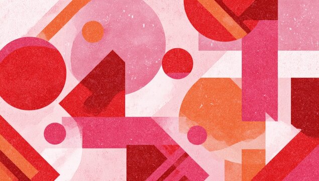 Colorful geometric abstract art piece with various shapes in shades of red and pink