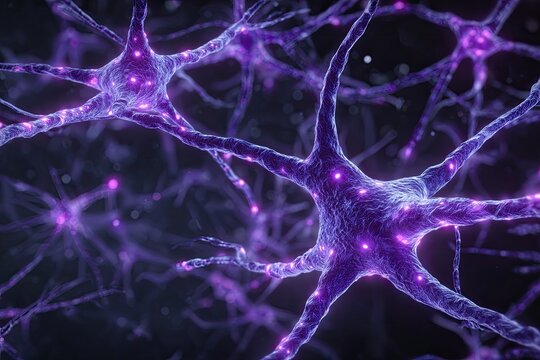 3D rendering of glowing purple neurons with branching dendrites, synapses, and background particles