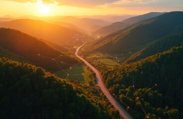 Aerial landscape view of mountains with road at sunset. Network markers show land planning, connectivity for development. Futuristic internet connection, global network in natural environment.