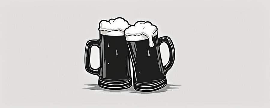 Two beer mugs illustration in black, white with foamy top. Brewery icon, design for pub menu or poster. Beverage alcohol drink with foam isolated. Traditional refreshing beverage. Craft beer concept.