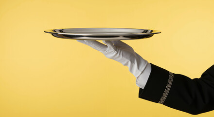 Gloved hand holding an empty silver platter