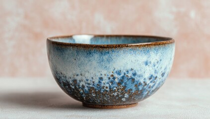 Studio shot of a small ceramic bowl. The bowl features a blue glaze with hints of brown