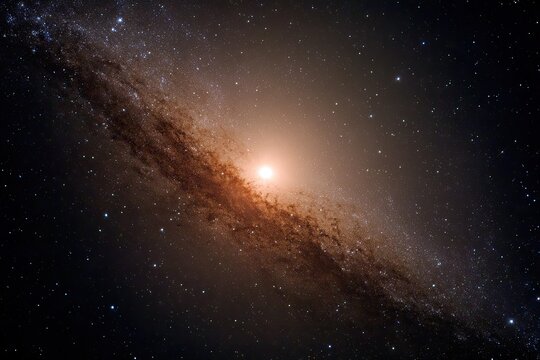 A distant spiral galaxy illuminated by the bright center and surrounded by stars