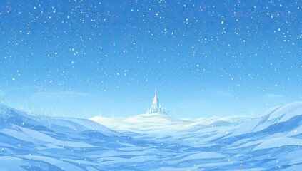 An animated snowy landscape with a distant castle, falling snow under a bright blue sky