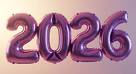 Metallic pink balloons spelling out the year 2026 against a gradient background.