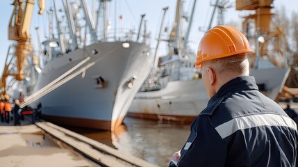 Worker in safety gear observes fishing boats moored at a busy harbor during daylight hours
