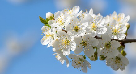 A beautiful branch of white cherry blossoms in full bloom against a clear blue sky. A symbol of spring, renewal, and natural beauty. Close up of sakura flowers.