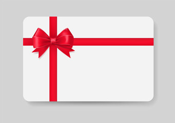 Elegant white gift card decorated with a shiny red ribbon and bow, isolated on light gray background. Minimalistic festive design for holidays, celebrations, birthdays, and special offers.