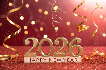 “2026 Happy New Year” in gold on red with confetti and streamers—celebrating with vibrant energy, sparkle, and festive elegance for the year ahead.   generative ai