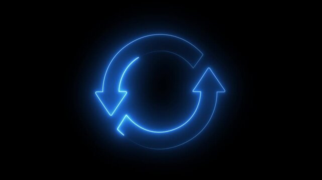 abstract glowing Neon line refresh arrow icon animation on black background. Abstract beautiful neon refresh and recycle icon animation background. 4k video.