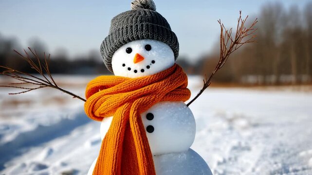 A cheerful snowman stands in a snowy landscape, dressed in an orange scarf and cozy hat while enjoying the bright winter sun