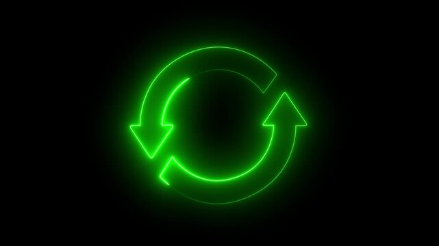 abstract glowing Neon line refresh arrow icon animation on black background. Abstract beautiful neon refresh and recycle icon animation background. 4k video.