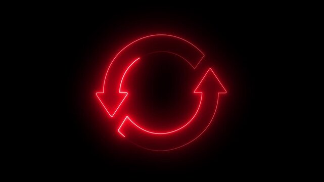 abstract glowing Neon line refresh arrow icon animation on black background. Abstract beautiful neon refresh and recycle icon animation background. 4k video.