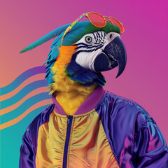 Parrot in retro jacket with sunglasses on colorful background