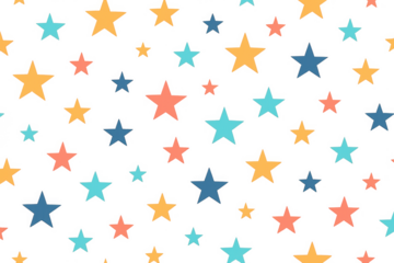 Colorful star pattern seamless repeating background with various sized falling stars on transparent backdrop