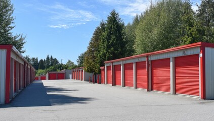 Fototapeta premium Rows of red storage unit doors on a gray asphalt road, set against green trees and a blue sky