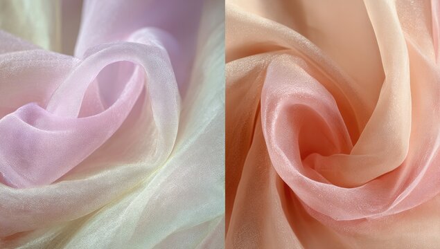 Close-up of two textile samples showcasing delicate pastel color gradients and soft folds