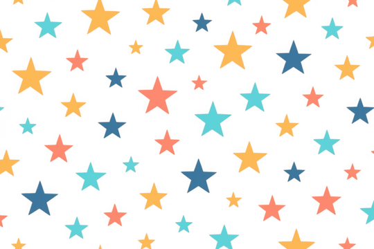 Colorful star pattern seamless repeating background with various sized falling stars on transparent backdrop