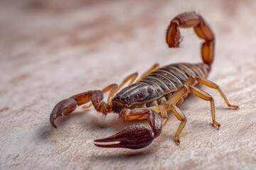 Scorpion In Home. Closeup View of a Brown Pest Animal with Stinging Tail in Home Interior
