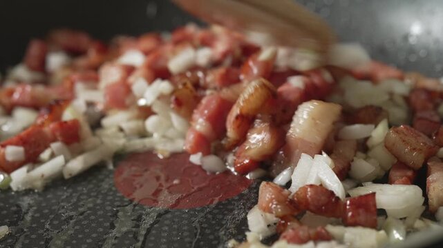 Sizzling Chopped Pork in Frying Pan.