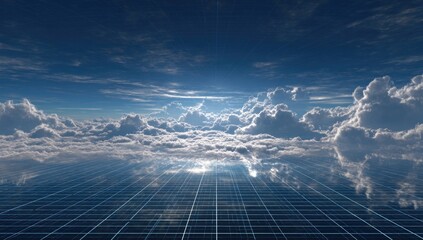 Perspective view of expansive blue sky with scattered fluffy white clouds over a gridded horizon