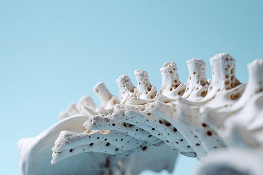 Close-up view of a bleached white bone structure with a pastel-blue gradient backdrop