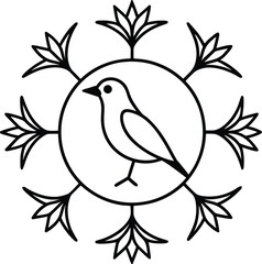 Minimalist black and white line art of a bird within a circle surrounded by floral elements in a radial pattern