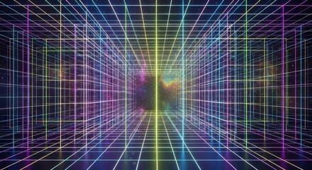 Obraz premium Abstract Neon Grid Tunnel Background, Futuristic Digital Art, 3D Render