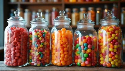 Colorful candy jars display on wooden shelf. Various candies inside glass jars. Candy shop interior with blur background of sweets. Sweet treats background for candy store or dessert shop.