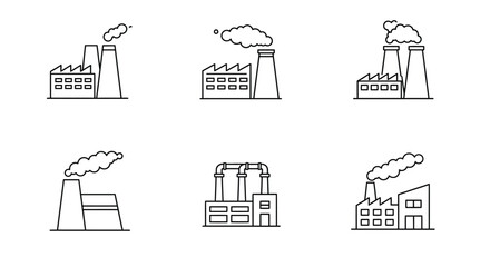 Line art illustration of industrial factories and buildings with smoke stacks