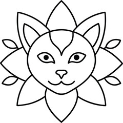 Whimsical black and white line art illustration of a cat s face surrounded by floral petals. cat head icon.