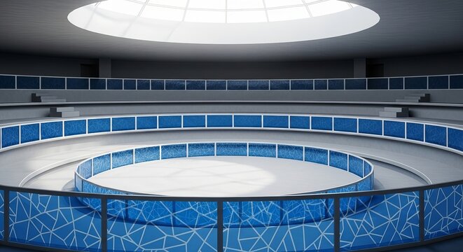 Modern circular building interior with blue glass balconies and skylight