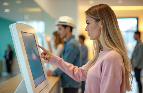 Young blonde woman uses digital self check-in kiosk touch screen. Registers for service at modern reception area. People wait in line. Clinic visitor interacts with new tech for appointment
