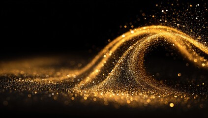 Abstract golden particles flow gracefully across a dark, blurred backdrop, creating a wavy design