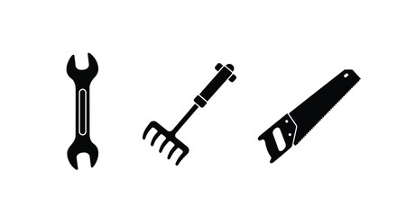 Simple black silhouette icons representing a wrench garden fork and saw