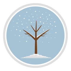 Minimalistic vector illustration of a leafless winter tree covered with snow. A tree in the snow under falling snow on a blue background. Flat  illustration in a round frame.