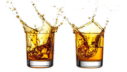 Whiskey pouring into glass captured in mid-air isolated on transparent background