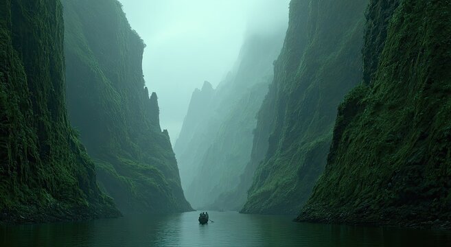 A serene, moody scene of a boat traversing a river between lush, towering canyon walls shrouded in mist - Powered by Adobe