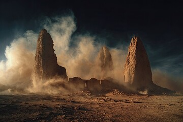 Dramatic desert landscape featuring ancient, weathered structures amidst a hazy, dust-filled atmosphere