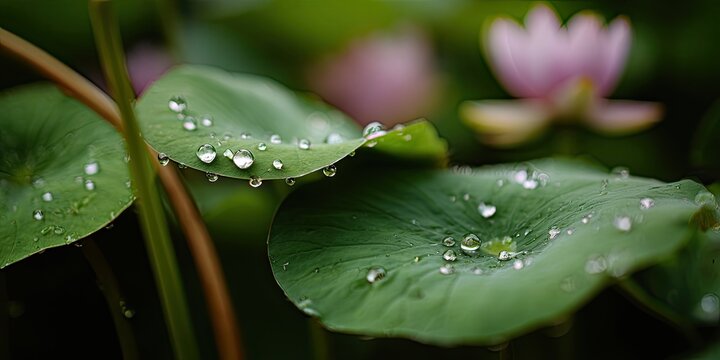Close-up of lily pads with water droplets and a blurred pink flower. Lush green backdrop