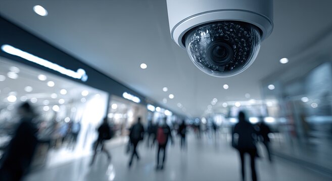 A dome security camera oversees a blurred, bustling interior with people and storefronts - Powered by Adobe
