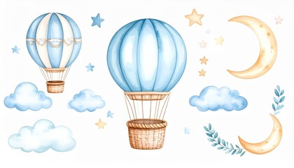 Whimsical Hot Air Balloon, Cloud, and Star Watercolor Illustrations for Baby Shower