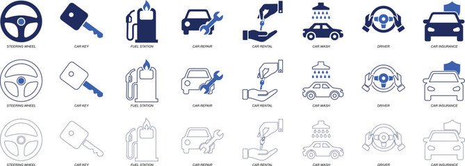 Drive icon set with editable, featuring car, steering wheel, road, navigation, location, map, travel, and transportation symbols in a clean modern vector illustration.