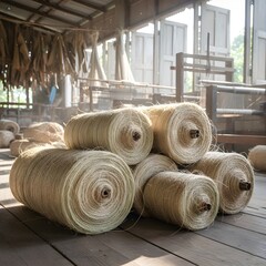 Trésor brut : Rouleaux de fibre d'abaca dans l'atelier.