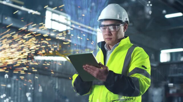 Asian engineer in helmet and protective glasses using tablet device with holographic display. Male worker in reflective jacket inspecting machinery in industrial plant with sparks in background.
