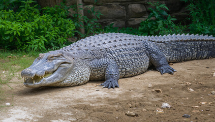 Fototapeta premium Realistic Crocodile Relaxing on the Ground in Nature